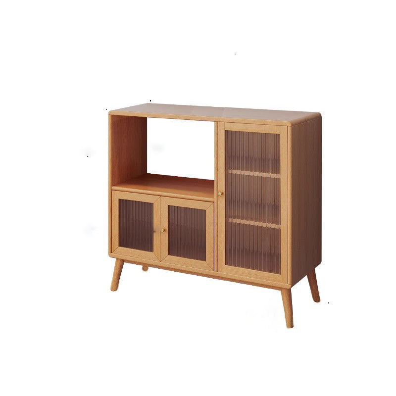 Traditional Japanese Rectangular Pine & Multi-Layer Solid Wood Ripple Glass Sideboard 1/4-Cabinet For Living Room & Dining Room