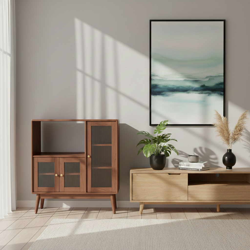 Traditional Japanese Rectangular Pine & Multi-Layer Solid Wood Ripple Glass Sideboard 1/4-Cabinet For Living Room & Dining Room