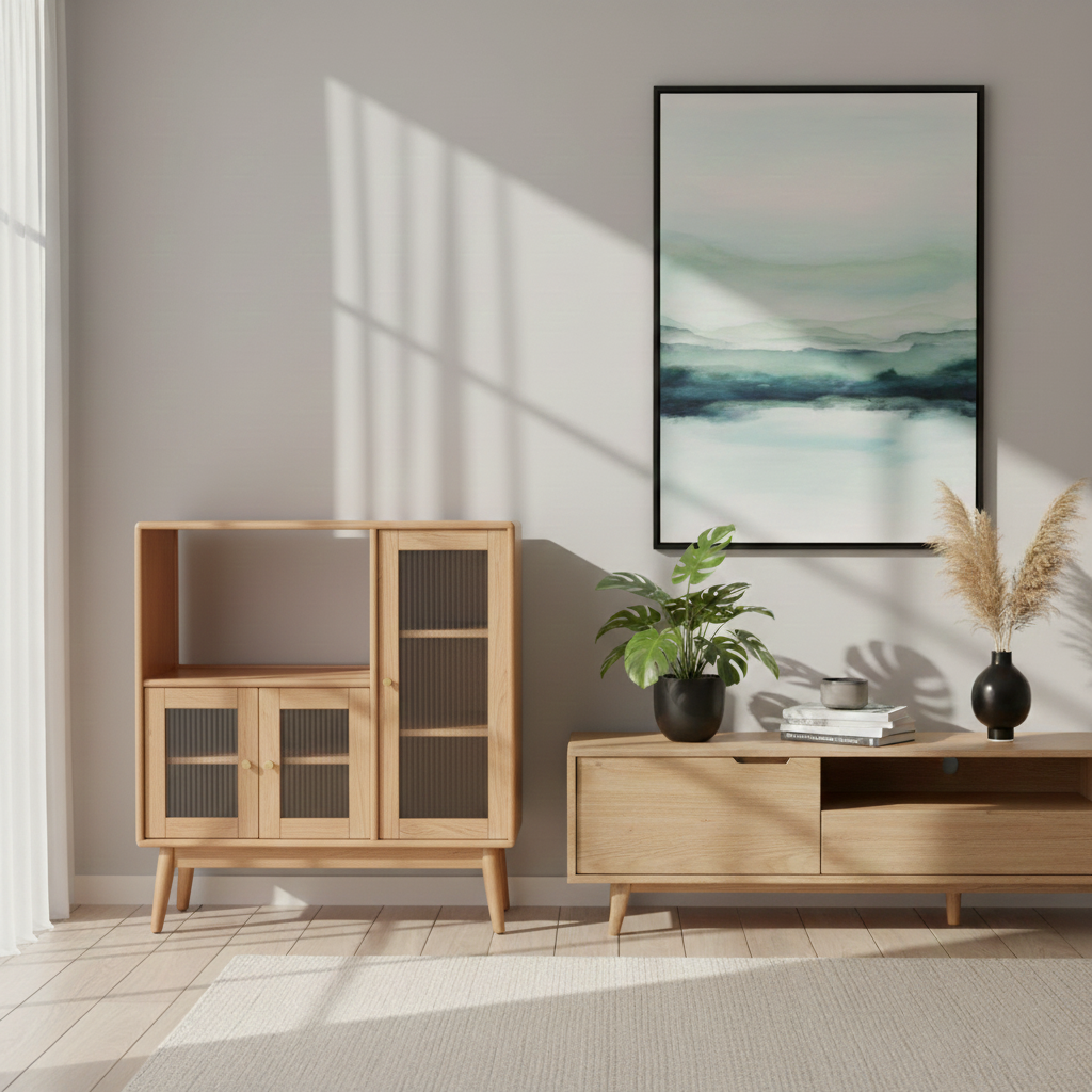Traditional Japanese Rectangular Pine & Multi-Layer Solid Wood Ripple Glass Sideboard 1/4-Cabinet For Living Room & Dining Room