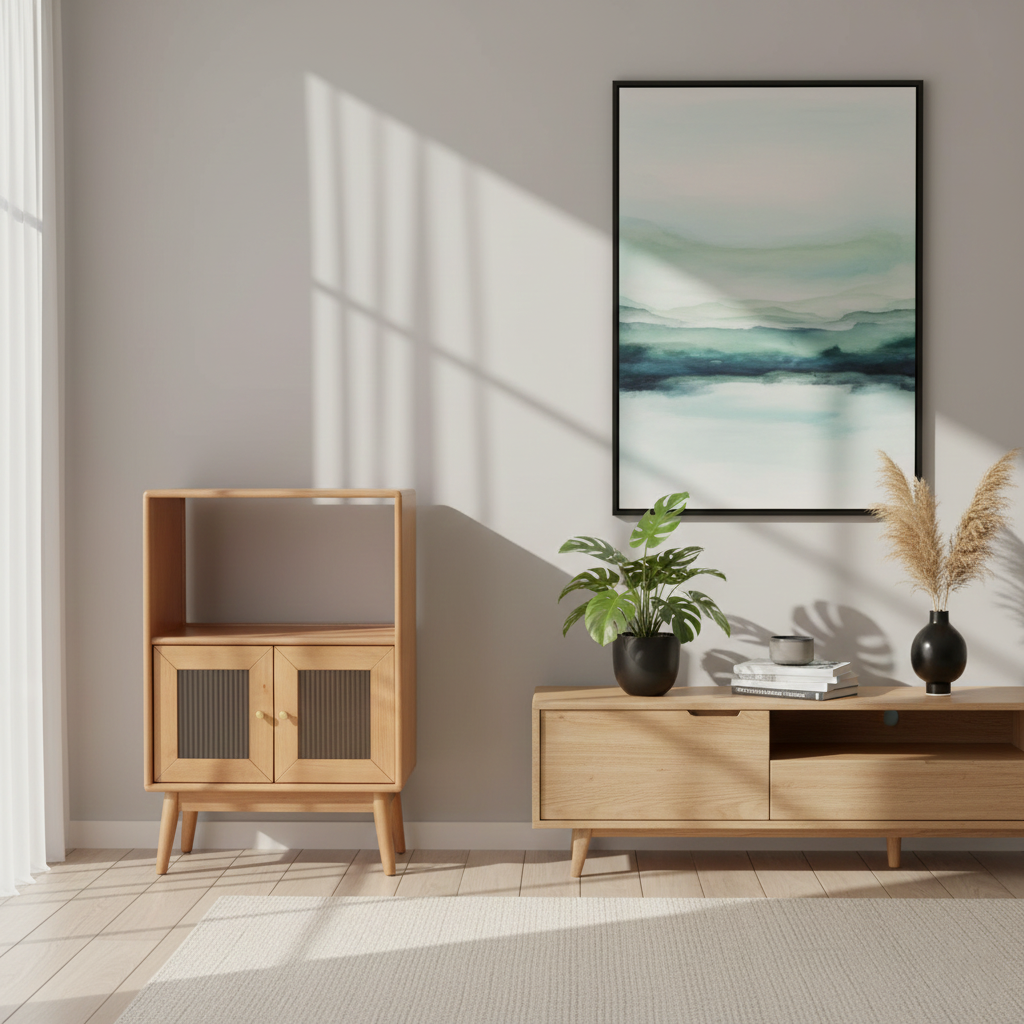 Traditional Japanese Rectangular Pine & Multi-Layer Solid Wood Ripple Glass Sideboard 1/4-Cabinet For Living Room & Dining Room