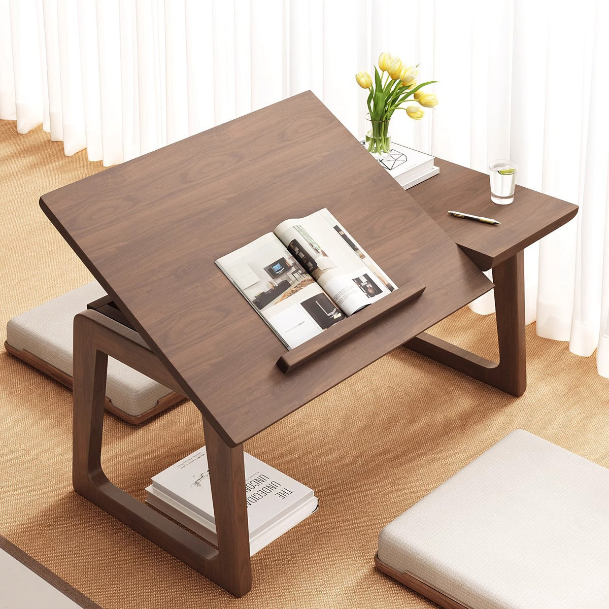 Traditional Japanese Solid Wood Foldable Rectangle Side Table 1-Tier For Living Room