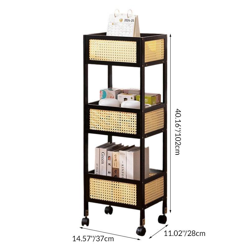 Modern Minimalist Bamboo Rattan Rectangular Mobile Storage Shelf With 3-Shelves Design For Living Room