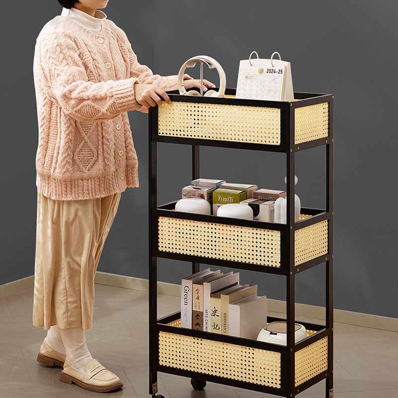 Modern Minimalist Bamboo Rattan Rectangular Mobile Storage Shelf With 3-Shelves Design For Living Room