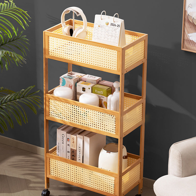 Modern Minimalist Bamboo Rattan Rectangular Mobile Storage Shelf With 3-Shelves Design For Living Room