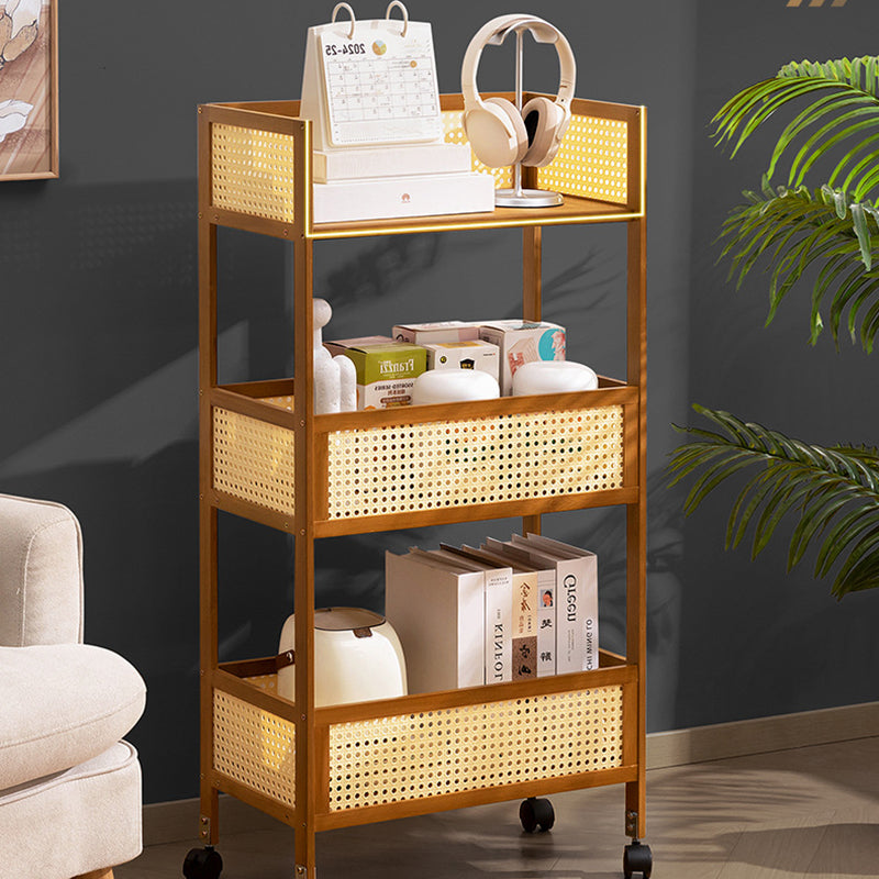 Modern Minimalist Bamboo Rattan Rectangular Mobile Storage Shelf With 3-Shelves Design For Living Room