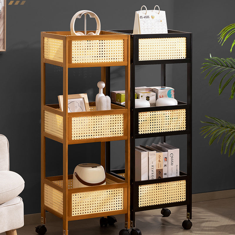 Modern Minimalist Bamboo Rattan Rectangular Mobile Storage Shelf With 3-Shelves Design For Living Room