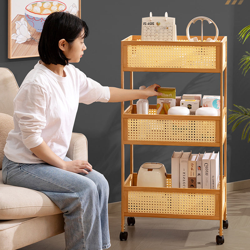 Modern Minimalist Bamboo Rattan Rectangular Mobile Storage Shelf With 3-Shelves Design For Living Room