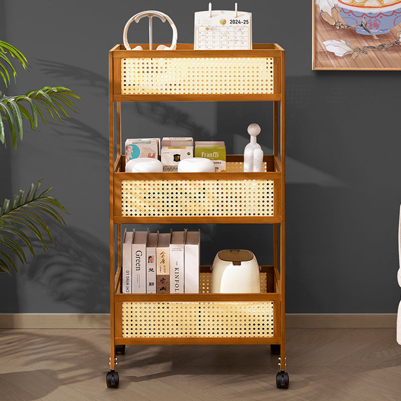 Modern Minimalist Bamboo Rattan Rectangular Mobile Storage Shelf With 3-Shelves Design For Living Room