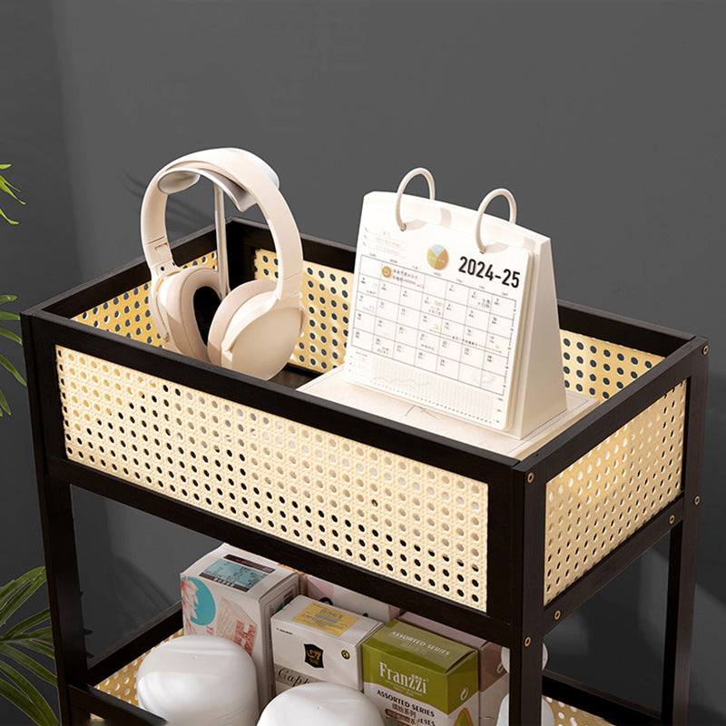 Modern Minimalist Bamboo Rattan Rectangular Mobile Storage Shelf With 3-Shelves Design For Living Room