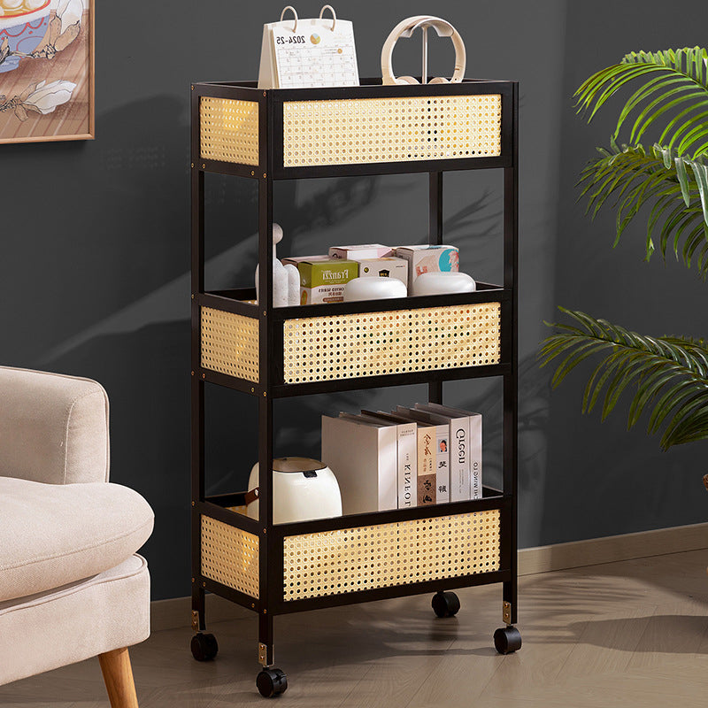 Modern Minimalist Bamboo Rattan Rectangular Mobile Storage Shelf With 3-Shelves Design For Living Room