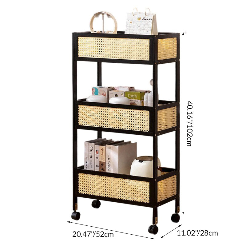Modern Minimalist Bamboo Rattan Rectangular Mobile Storage Shelf With 3-Shelves Design For Living Room