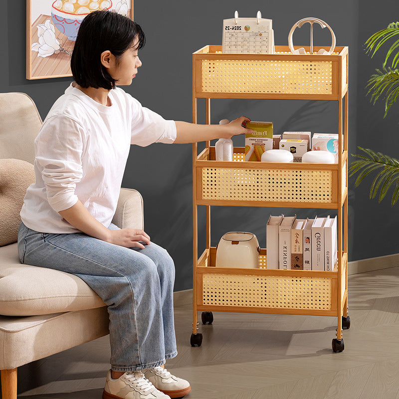 Modern Minimalist Bamboo Rattan Rectangular Mobile Storage Shelf With 3-Shelves Design For Living Room