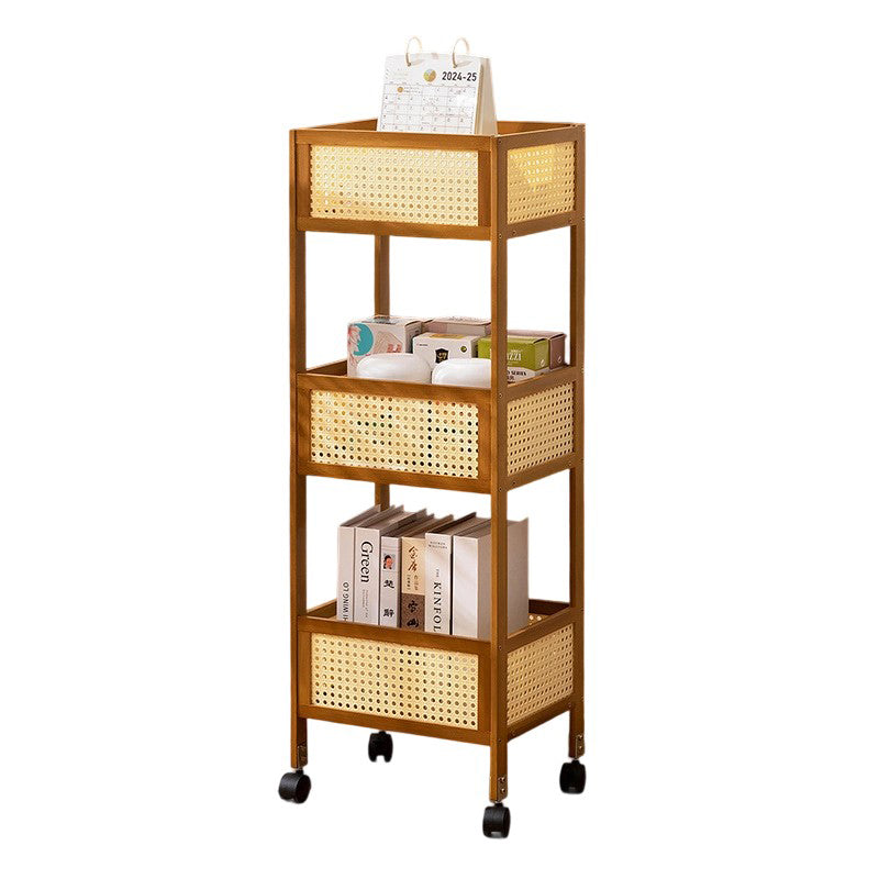 Modern Minimalist Bamboo Rattan Rectangular Mobile Storage Shelf With 3-Shelves Design For Living Room