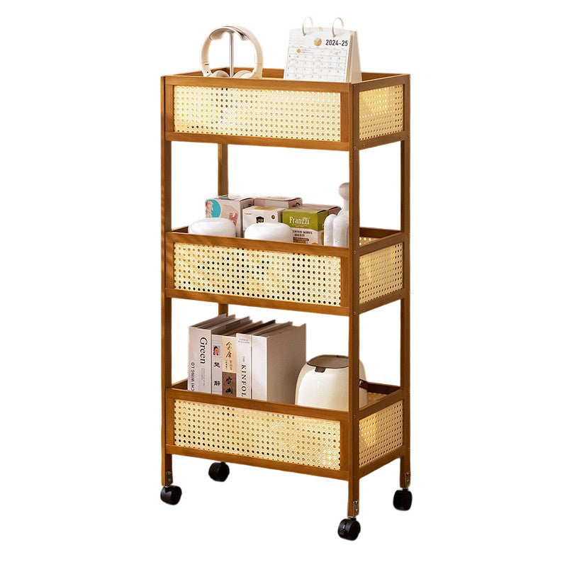 Modern Minimalist Bamboo Rattan Rectangular Mobile Storage Shelf With 3-Shelves Design For Living Room