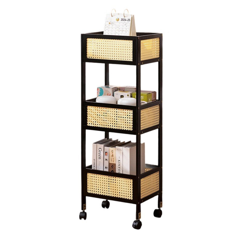 Modern Minimalist Bamboo Rattan Rectangular Mobile Storage Shelf With 3-Shelves Design For Living Room