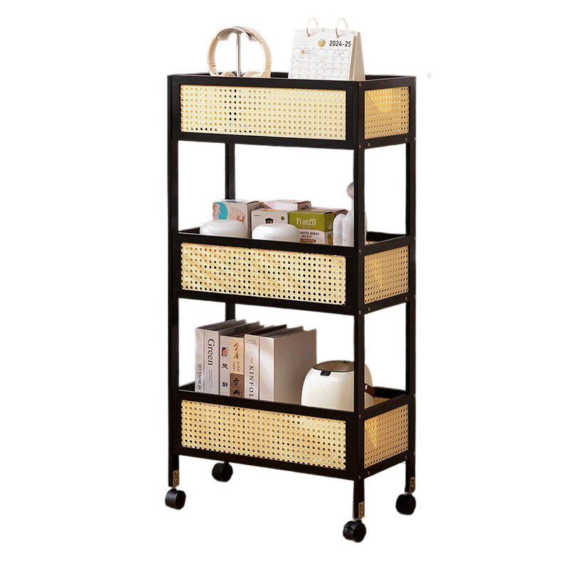 Modern Minimalist Bamboo Rattan Rectangular Mobile Storage Shelf With 3-Shelves Design For Living Room