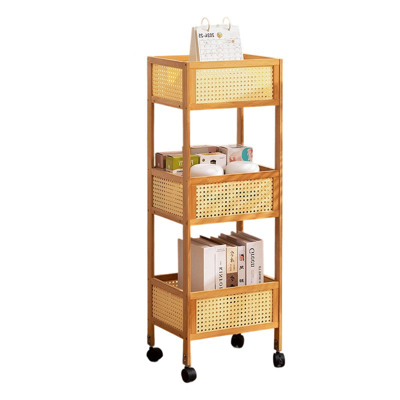 Modern Minimalist Bamboo Rattan Rectangular Mobile Storage Shelf With 3-Shelves Design For Living Room