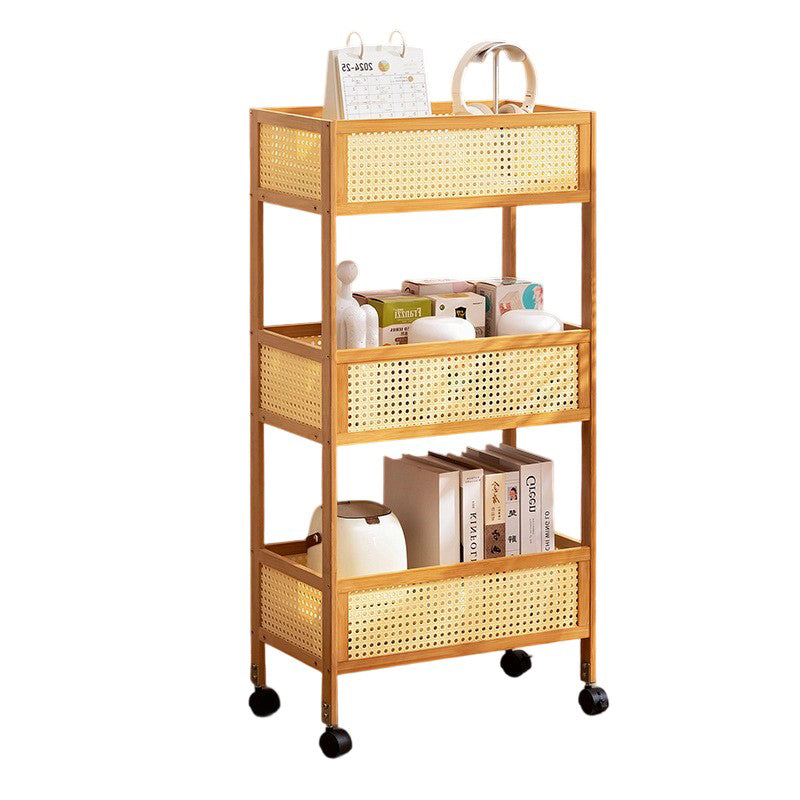 Modern Minimalist Bamboo Rattan Rectangular Mobile Storage Shelf With 3-Shelves Design For Living Room