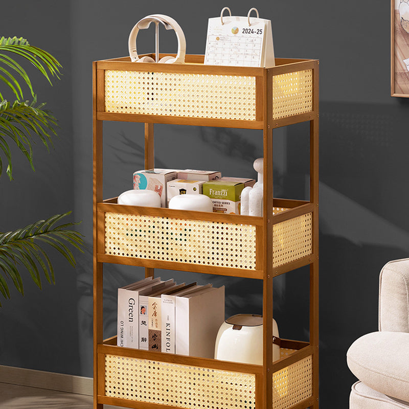Modern Minimalist Bamboo Rattan Rectangular Mobile Storage Shelf With 3-Shelves Design For Living Room