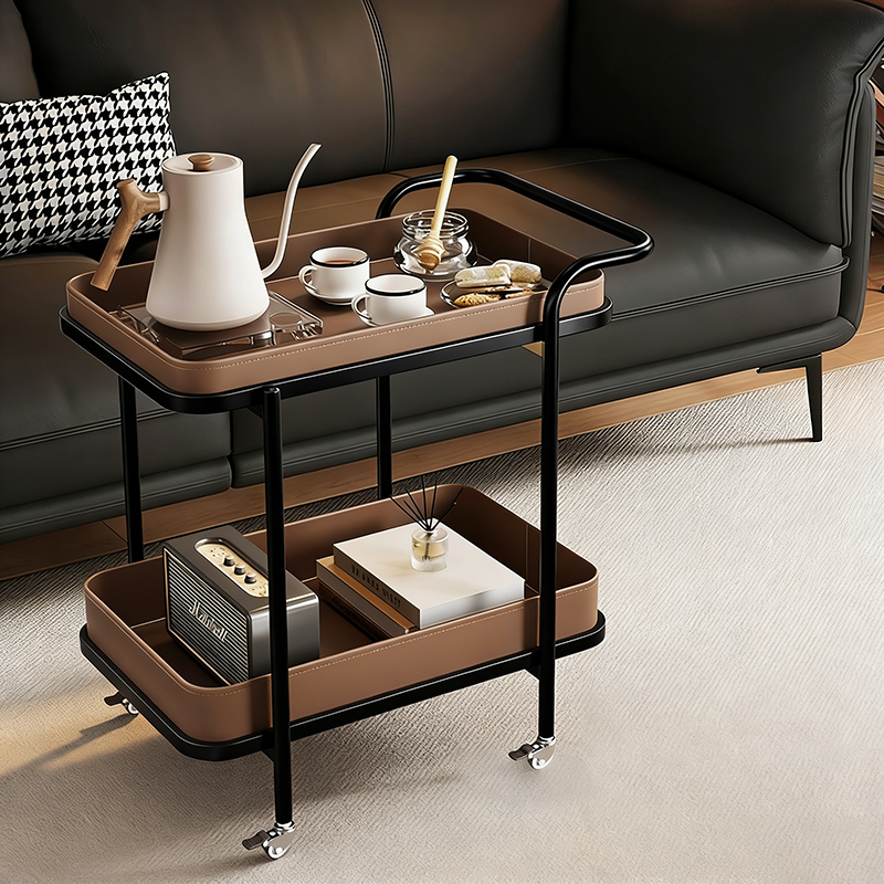 Contemporary Scandinavian Saddle Leather Carbon Steel Movable Cylindrical Rectangular Side Table With 2-Tier For Living Room