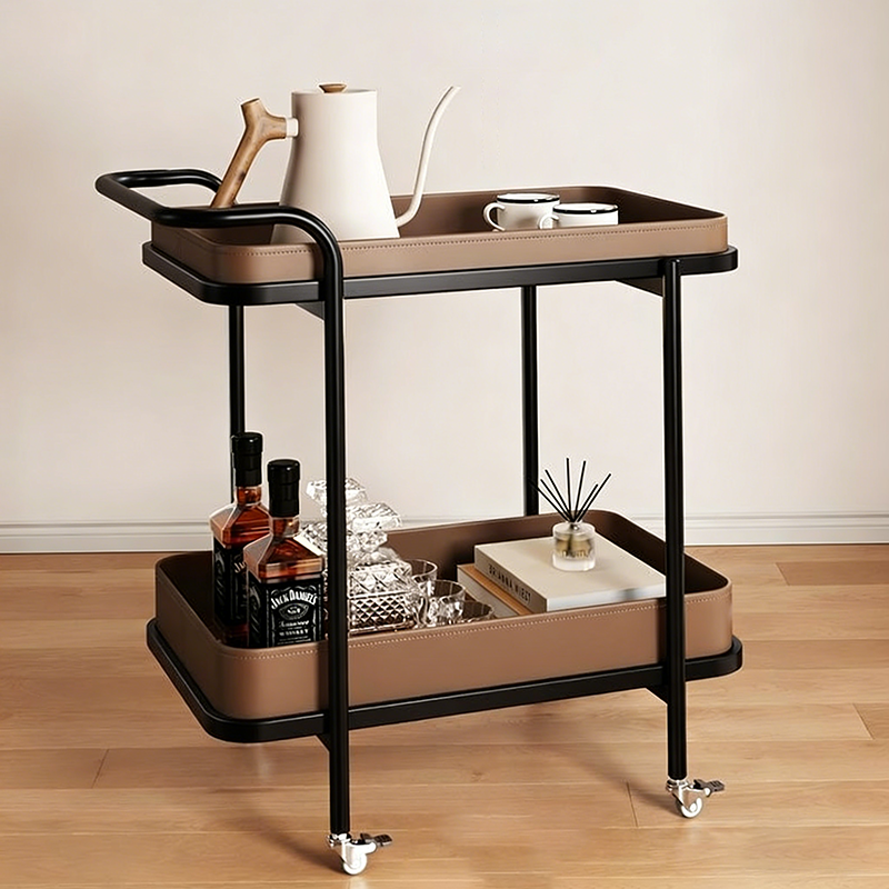 Contemporary Scandinavian Saddle Leather Carbon Steel Movable Cylindrical Rectangular Side Table With 2-Tier For Living Room