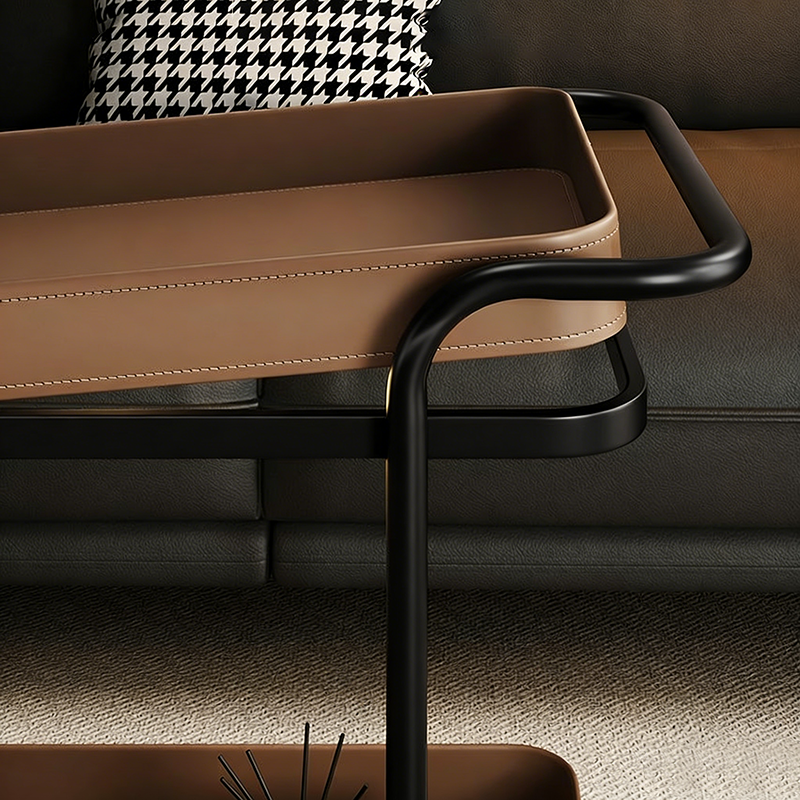 Contemporary Scandinavian Saddle Leather Carbon Steel Movable Cylindrical Rectangular Side Table With 2-Tier For Living Room