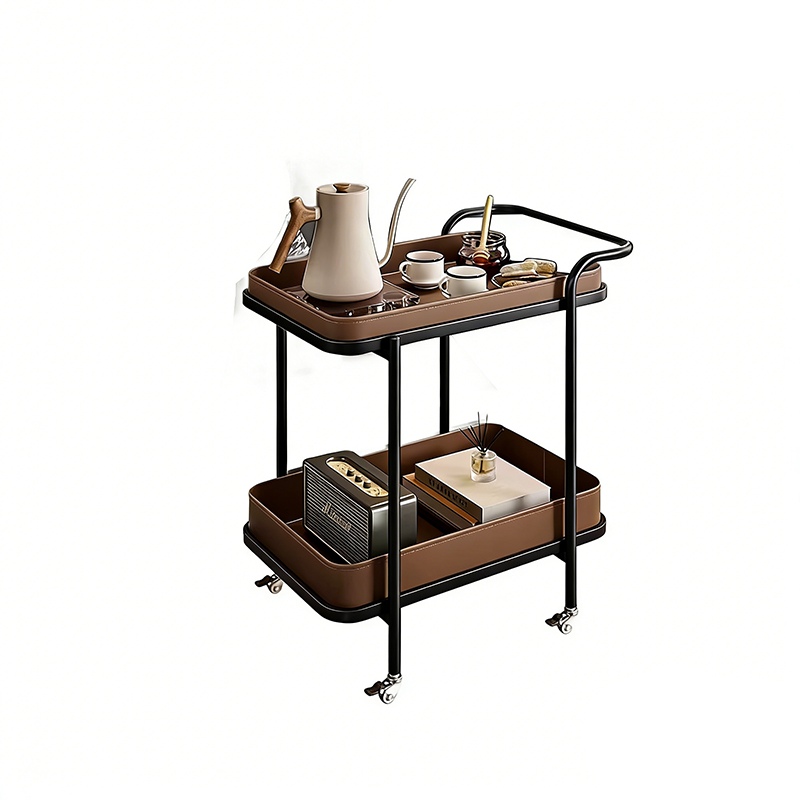 Contemporary Scandinavian Saddle Leather Carbon Steel Movable Cylindrical Rectangular Side Table With 2-Tier For Living Room