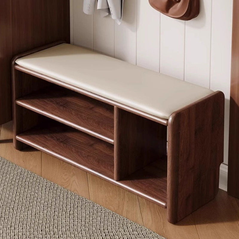 Modern Minimalist Solid Wood PU Leather Rounded Rectangle Shoe Bench 2-Tier For Living Room