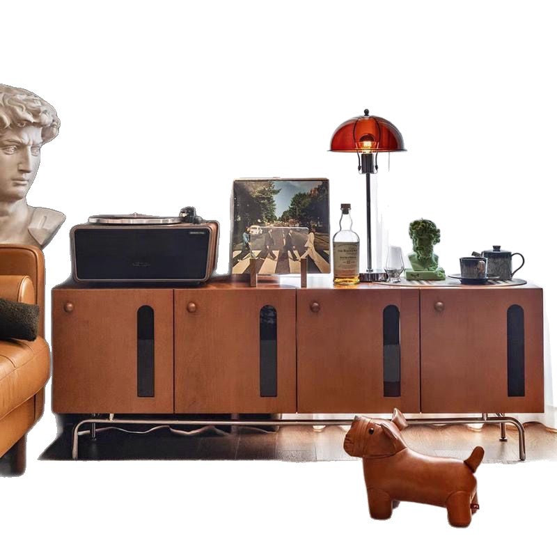Traditional Vintage Pine Wood Solid Wood Multi-Layer Board Curved Rectangular TV Stand With 4 Storage For Living Room