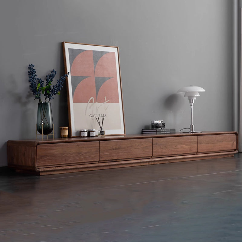 Traditional Chinese Black Walnut Wood Rounded Rectangular TV Stand With 4 Drawers For Living Room