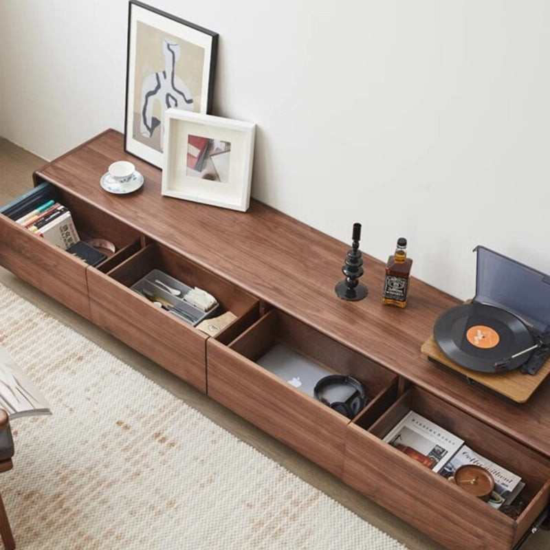 Traditional Chinese Black Walnut Wood Rounded Rectangular TV Stand With 4 Drawers For Living Room