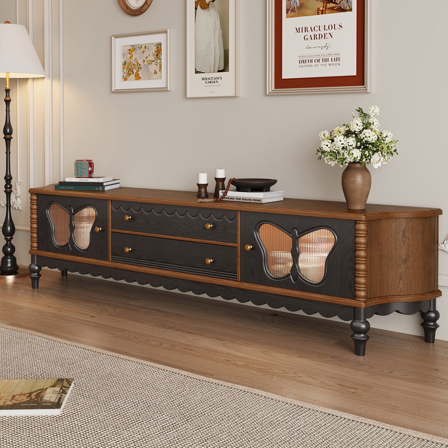 Traditional French Ash Wood Glass Butterfly Rounded Rectangular TV Stand 2-Drawer For Living Room