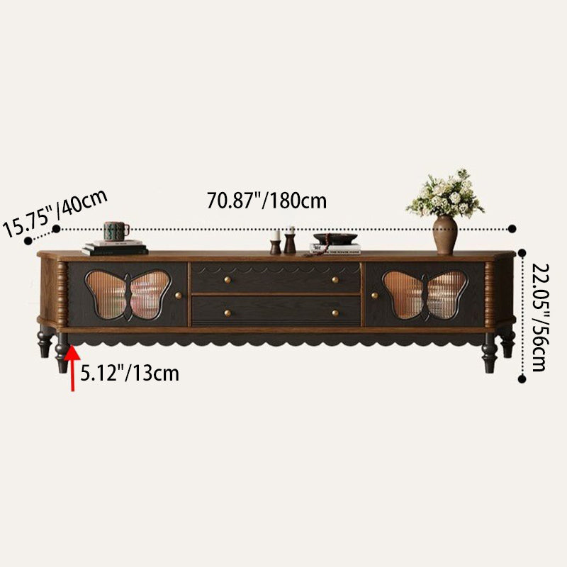 Traditional French Ash Wood Glass Butterfly Rounded Rectangular TV Stand 2-Drawer For Living Room