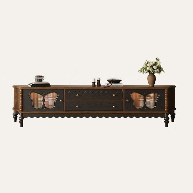 Traditional French Ash Wood Glass Butterfly Rounded Rectangular TV Stand 2-Drawer For Living Room