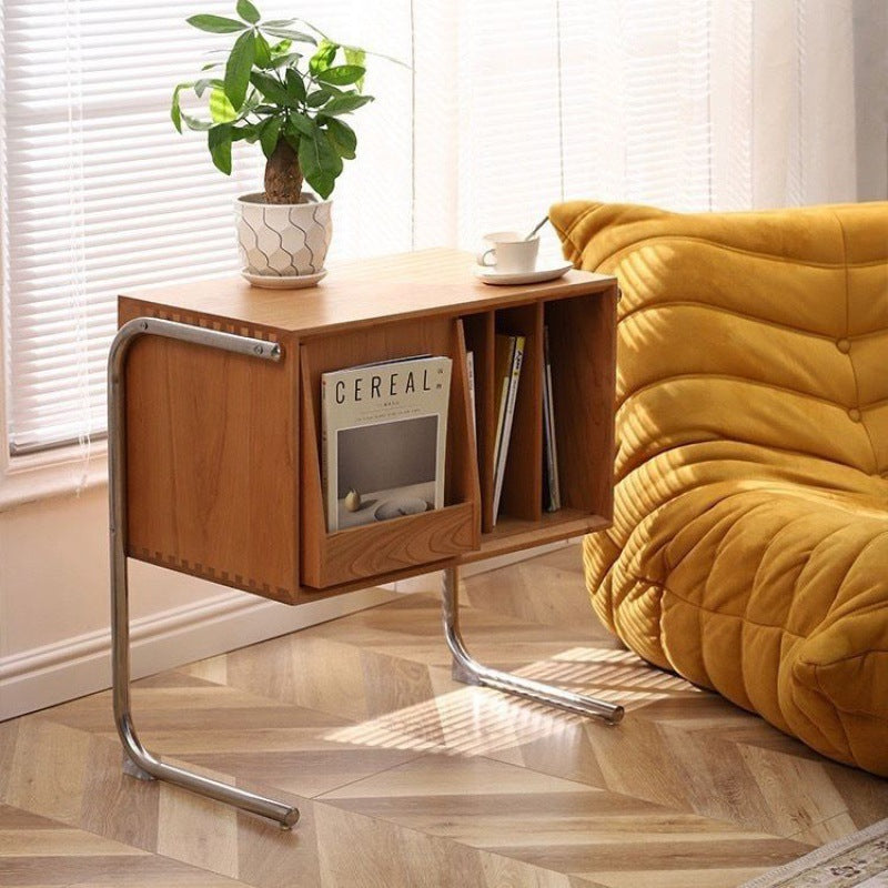 Traditional Japanese Rectangular Solid Wood Stainless Steel End Table Storage Cabinet For Living Room
