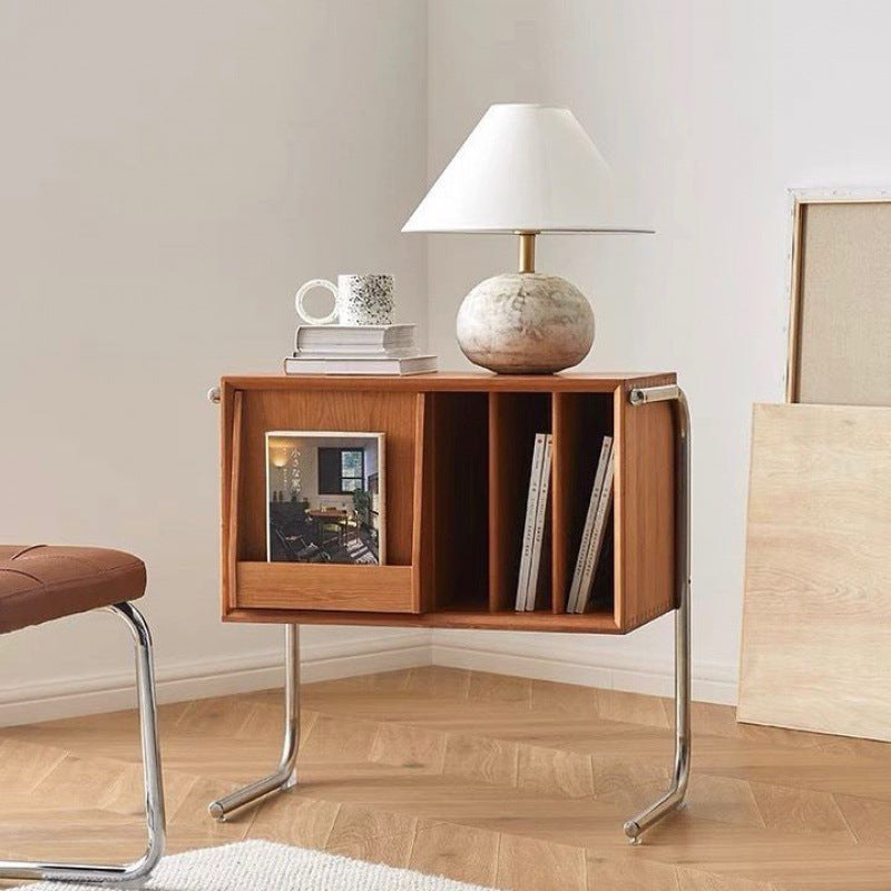 Traditional Japanese Rectangular Solid Wood Stainless Steel End Table Storage Cabinet For Living Room