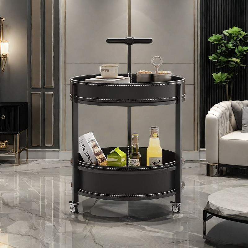 Contemporary Luxury Saddle Leather Round Top Iron Frame End Table Rolling Cart 2-Tier Storage Shelves For Living Room