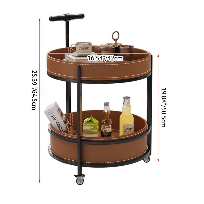Contemporary Luxury Saddle Leather Round Top Iron Frame End Table Rolling Cart 2-Tier Storage Shelves For Living Room