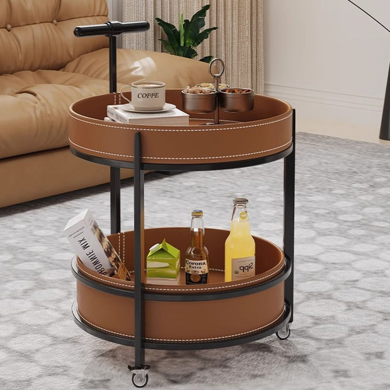 Contemporary Luxury Saddle Leather Round Top Iron Frame End Table Rolling Cart 2-Tier Storage Shelves For Living Room