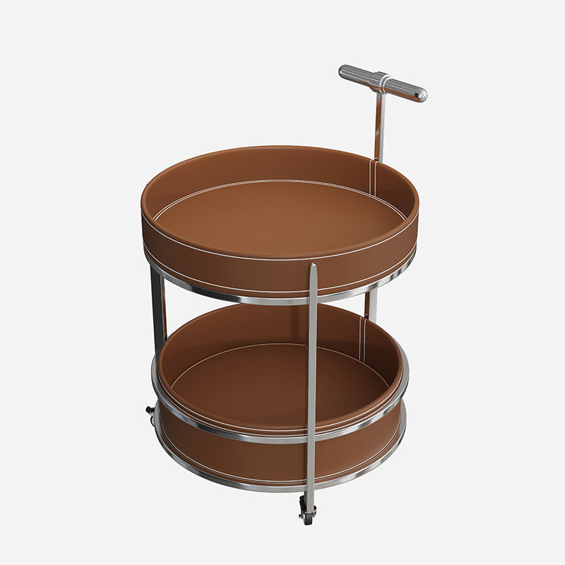 Contemporary Luxury Saddle Leather Round Top Iron Frame End Table Rolling Cart 2-Tier Storage Shelves For Living Room