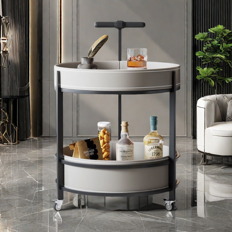 Contemporary Luxury Saddle Leather Round Top Iron Frame End Table Rolling Cart 2-Tier Storage Shelves For Living Room