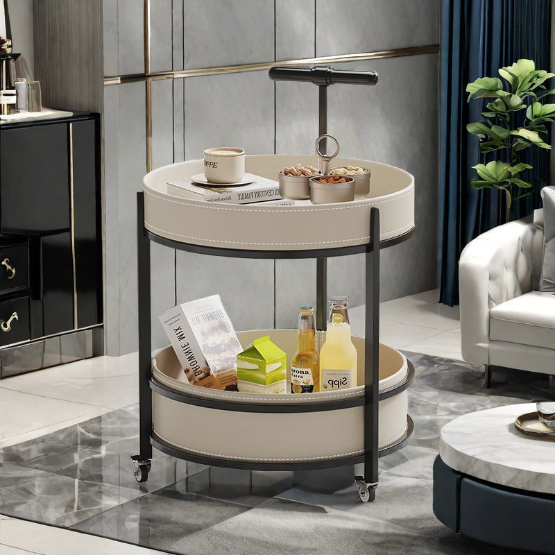 Contemporary Luxury Saddle Leather Round Top Iron Frame End Table Rolling Cart 2-Tier Storage Shelves For Living Room