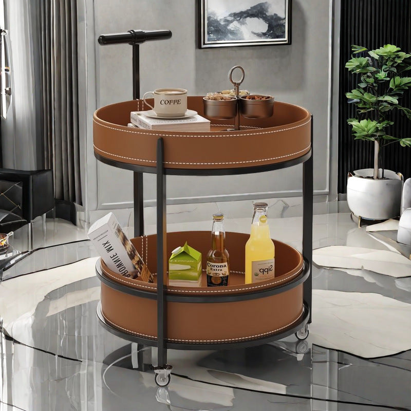 Contemporary Luxury Saddle Leather Round Top Iron Frame End Table Rolling Cart 2-Tier Storage Shelves For Living Room