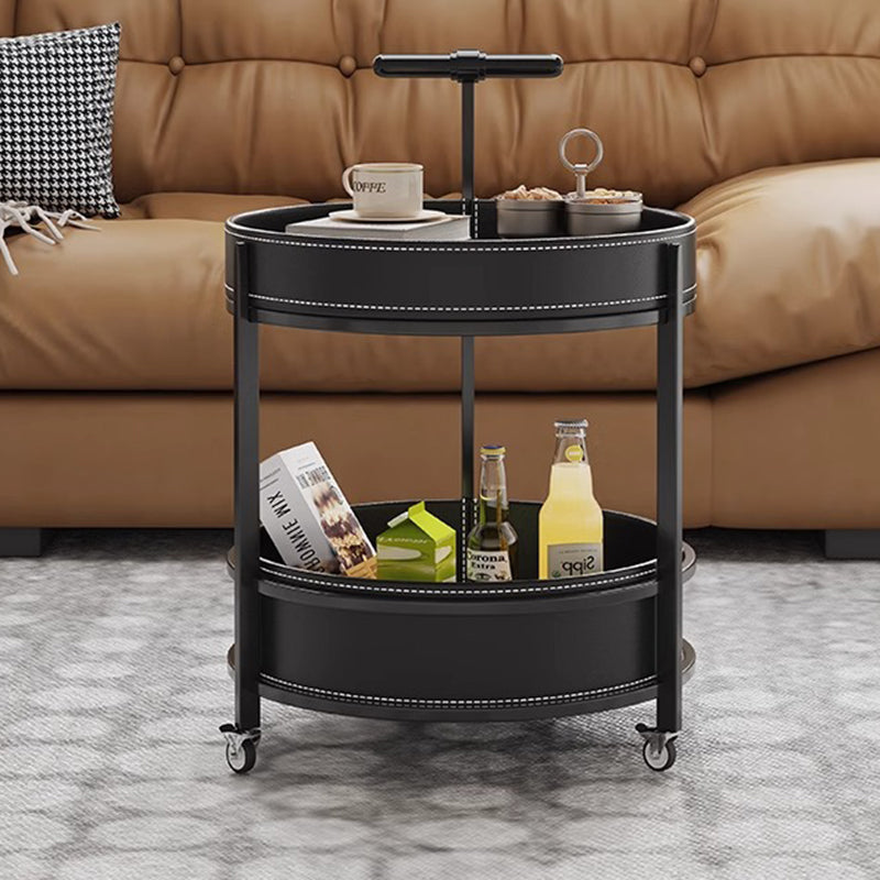 Contemporary Luxury Saddle Leather Round Top Iron Frame End Table Rolling Cart 2-Tier Storage Shelves For Living Room