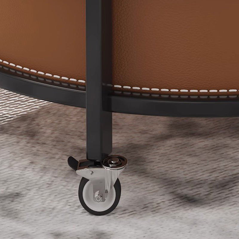 Contemporary Luxury Saddle Leather Round Top Iron Frame End Table Rolling Cart 2-Tier Storage Shelves For Living Room
