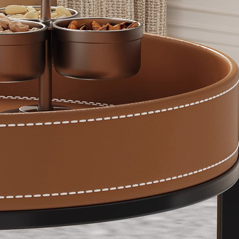 Contemporary Luxury Saddle Leather Round Top Iron Frame End Table Rolling Cart 2-Tier Storage Shelves For Living Room
