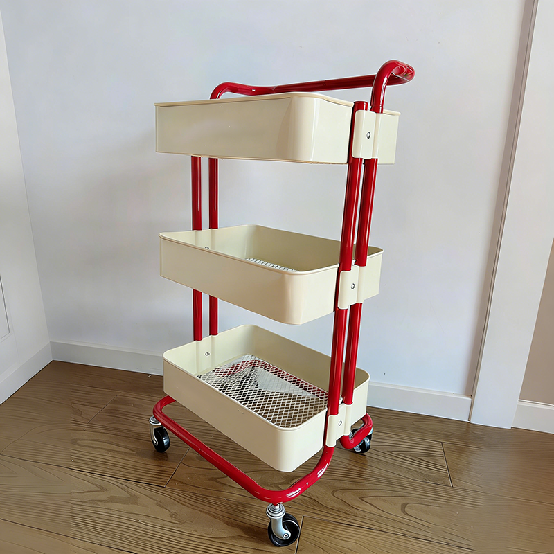 Contemporary Nordic Rectangular Carbon Steel Frame End Table Rolling Cart 3-Tier Storage Shelves For Living Room
