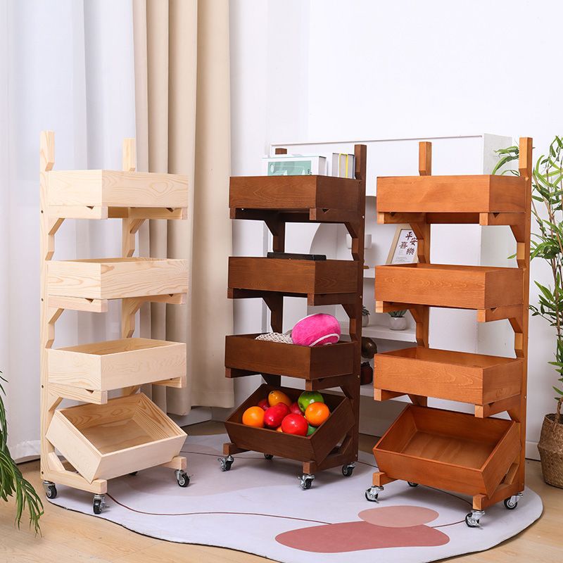 Farmhouse Wooden Floor-Standing 3/4-Tier Snack Display Rack With Wheels