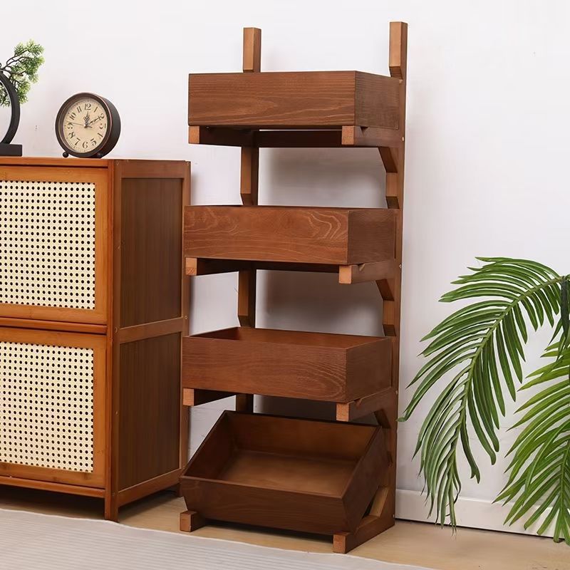 Farmhouse Wooden Floor-Standing 3/4-Tier Snack Display Rack With Wheels