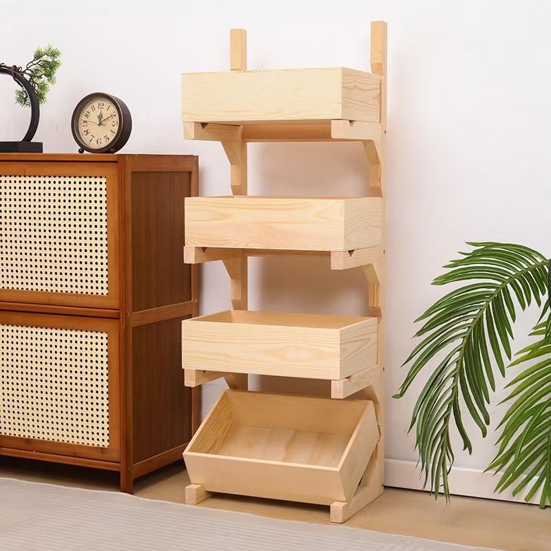 Farmhouse Wooden Floor-Standing 3/4-Tier Snack Display Rack With Wheels